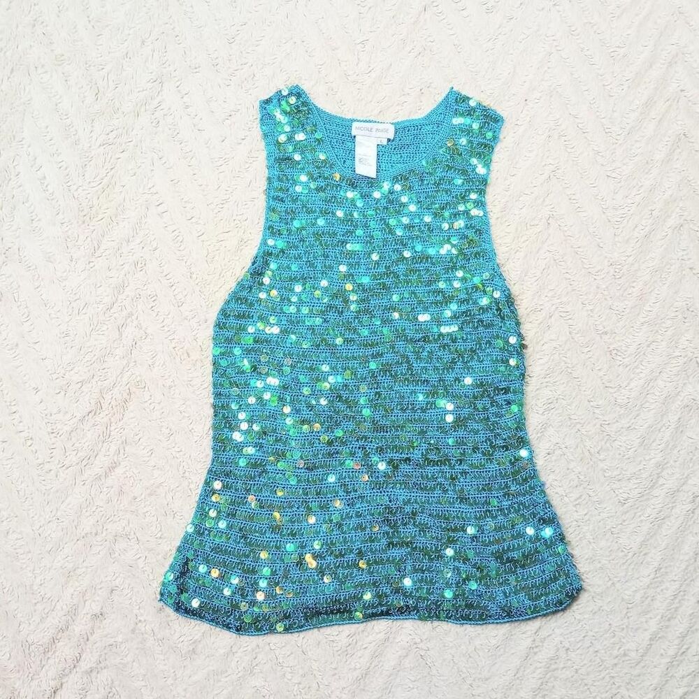 Y2K Blue Iridescent Crochet Sequin Mermaid Top